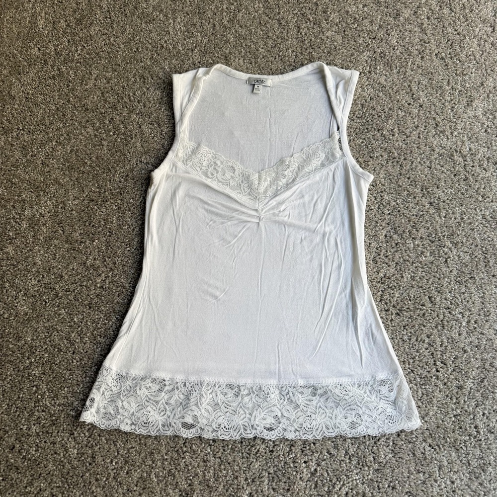Y2K Cache Tank Top Womens Medium White Lace Trim Jersey Cami Camisole Stretch